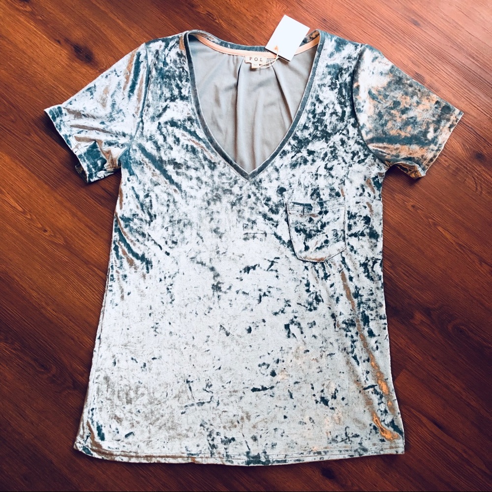 SENDING A FRIEND Blue Sage Velvet V-Neck Tee - Picture 4 of 8